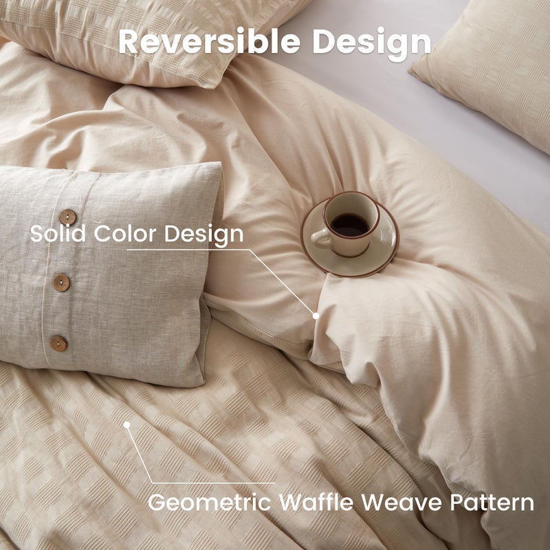 BISELINA 100% Cotton Duvet Cover Set Waffle Weave 3PCS (1 Comforter Cover, 2 Pillow Shams) Reversible Soft Skin-Friendly Breathable Shabby Chic Bedding for All Season - Khaki, Queen Size - Image 4